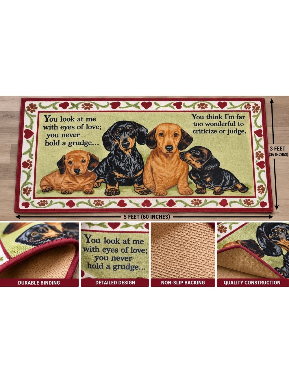 Dachshund Dog Area Rug 3x5 Puppy Love Non-Slip Accent Mat Weiner Dog Decor